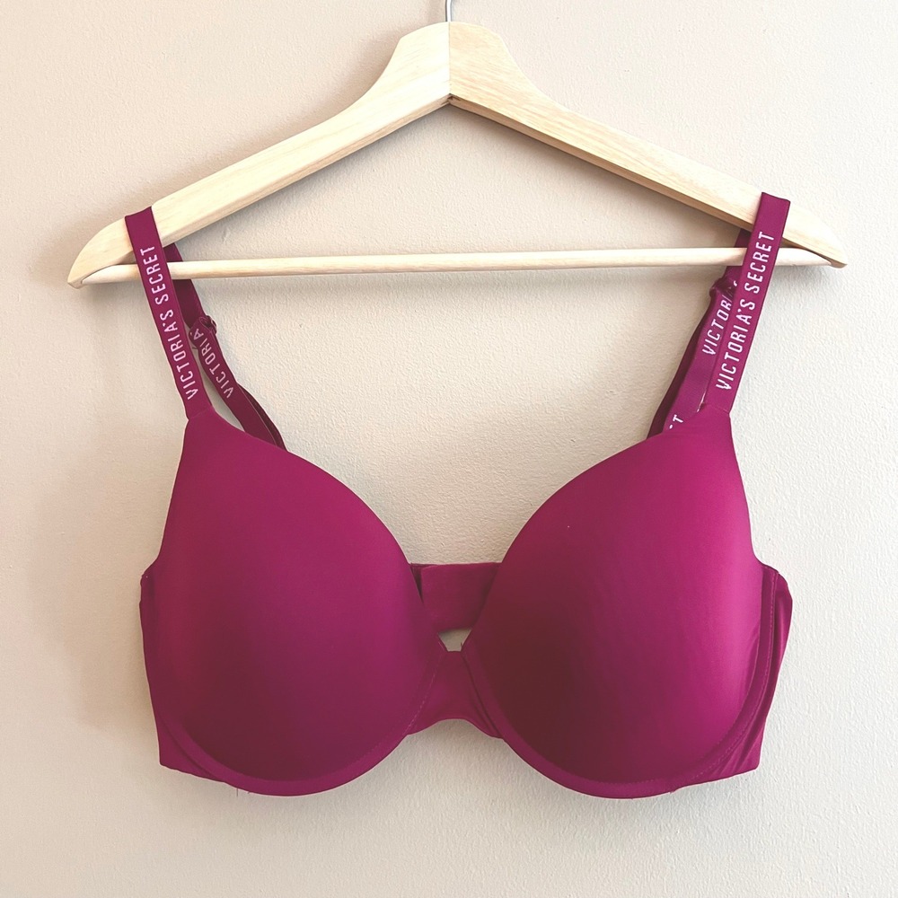 Victoria's Secret T-Shirt Lightly Lined Demi Bra Magenta Pink Logo Strap 36DD